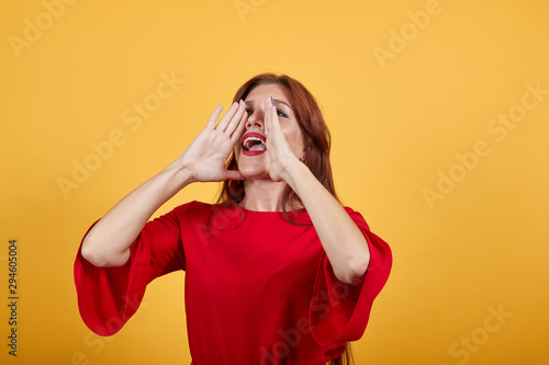 Young lady in red clothes holding her hands near mouth and imitating roaring. Dark-haired woman standing on bright background with opened hands as if asking for a help. © Petro