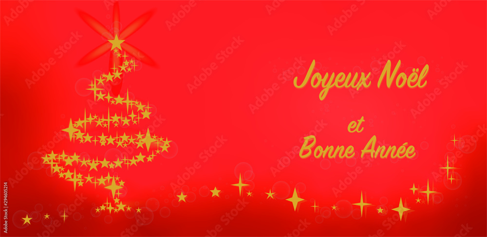 Weihnachtskarte Frohe Weihnachten und ein gutes neues Jahr auf französisch mit strahlendem Baum auf rotem Hintergrund Weihnachtskarte Frohe Weihnachten und ein gutes neues Jahr auf französisch mit strahlendem Baum auf rotem Hintergrund