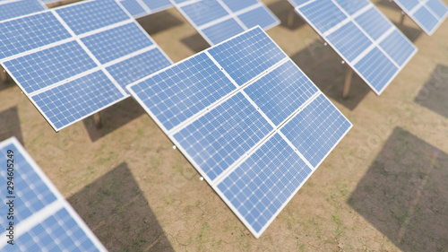 Solar panels. Alternative energy. Renewable energy concept. Ecological  clean energy. Photovoltaic solar panels  with reflection of a beautiful blue sky. Solar panels in the desert. 3D illustration