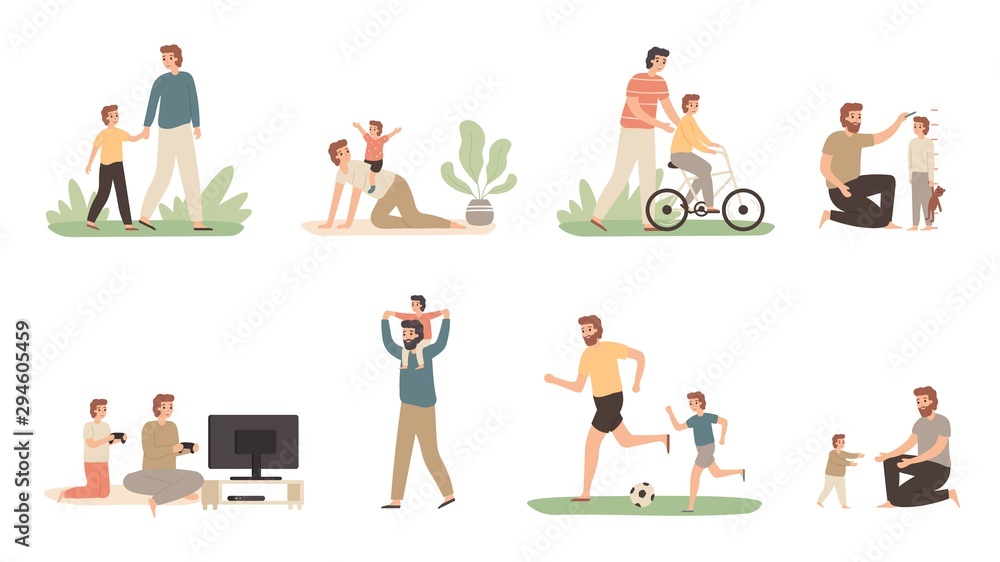Father and son. Dad raising young boy, parenting child and fathers love concept. Daddy and son family activity, sons with father relationship or fatherhood isolated vector illustration icons set