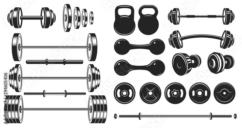 Gym equipment silhouette. Fitness sport, heavy weight barbell and vintage bodybuilding stencil. Wellness equipment, fit exercise or yoga training iron lift sign. Isolated vector illustration icons set photo