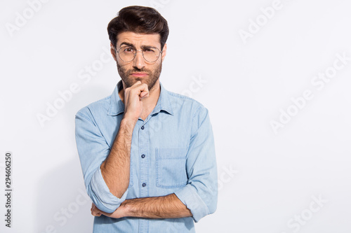 I do not trust you. Photo of arabian amazing guy looking suspicious not believe wear specs casual denim shirt isolated white color background