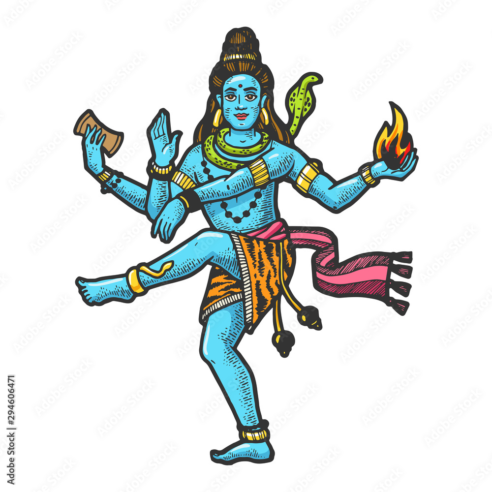 Shiva Mahadeva Hinduism indian god sketch engraving vector illustration. Scratch board style imitation. Black and white hand drawn image.