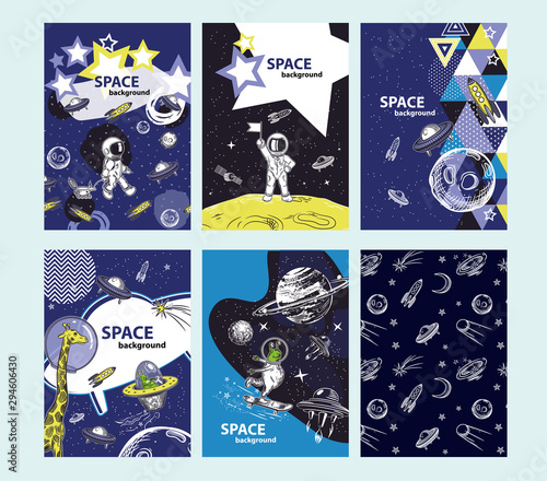 Set of space cover templates. Astronauts in space. Space objects.