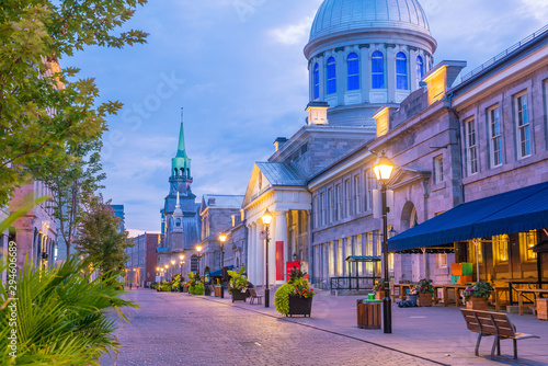 Old town Montreal at famous Cobbled streets at twilight photo