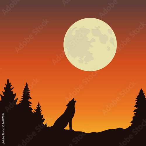 wolf howls at the full moon orange and brown landscape vector illustration EPS10