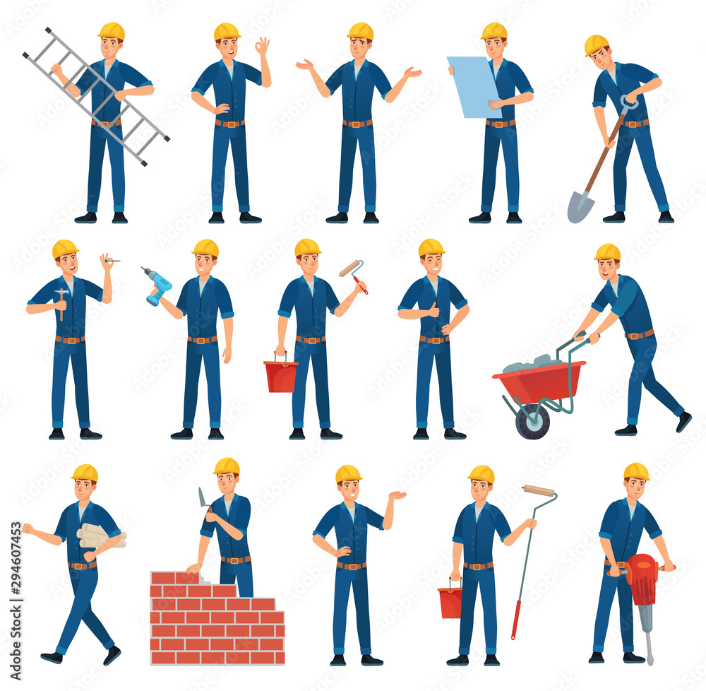 Cartoon worker character. Technician workers, builder and mechanic. Male workers, engineer foreman character or factory working employee and architect. Isolated vector illustration icons set