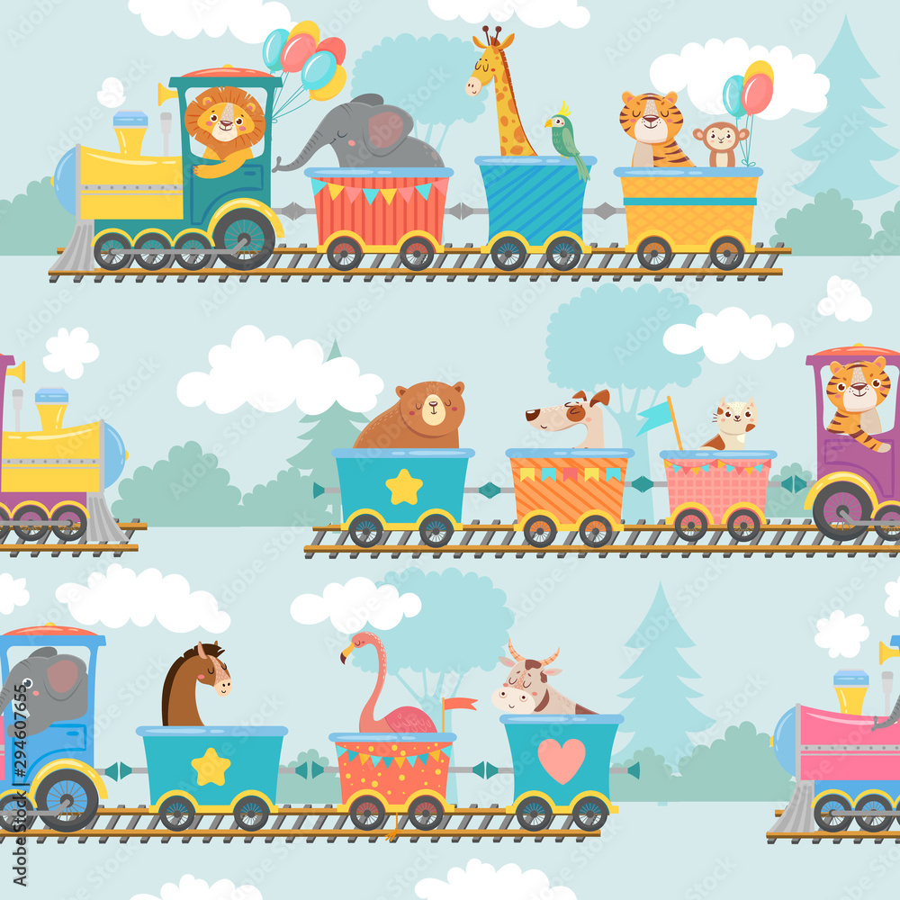 Seamless animals on train pattern. Happy animal in railroad car, trains trip and children. Elephant, tiger and giraffe on locomotive wrapping, wallpapper or fabric cartoon vector illustration Seamless animals on train pattern. Happy animal in railroad car, trains trip and children. Elephant, tiger and giraffe on locomotive wrapping, wallpapper or fabric cartoon vector illustration