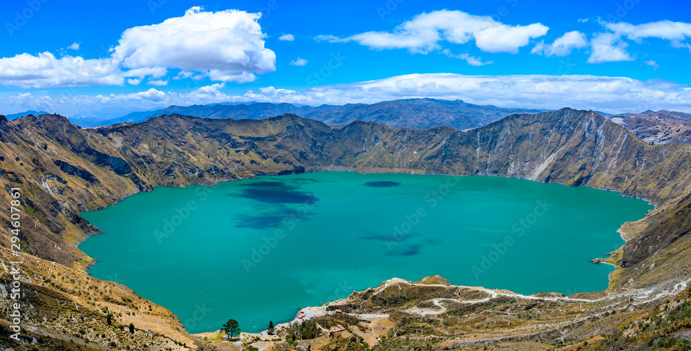 Panoramic view of the lake  Quilotoa caldera. Quilotoa is the western volcano in Andes range and is located in Andean region of Ecuador.