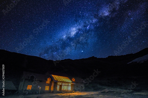 Milky Way and starry skies over a lodge in the Andes mountains. Cusco, Peru