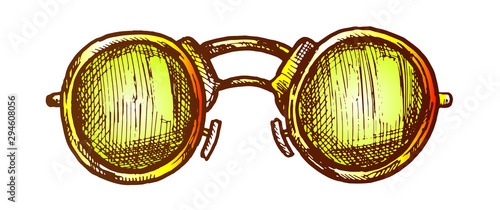 Glasses Round Form Lenses Accessory Color Vector. Men Sun Protection Glasses. Fashionable Sunglasses With Metallic Frame Engraving Template Hand Drawn In Vintage Style Illustration