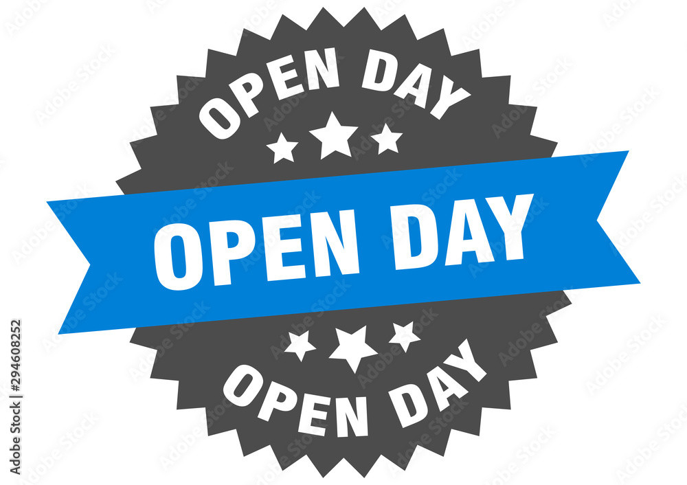 open day sign. open day blue-black circular band label open day sign. open day blue-black circular band label