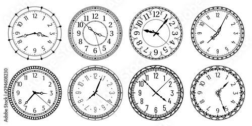 Vintage round clock face. Antique clocks with arabic numerals, retro watchface and antic watches. Elegant time clock, hour clocking sign. Isolated vector illustration symbols set
