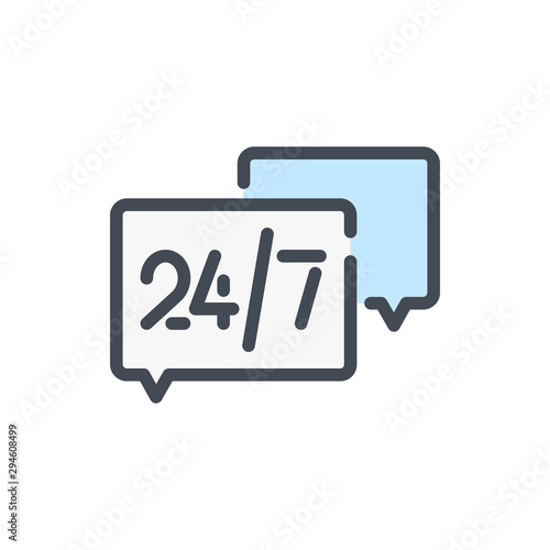 24/7 online support color line icon. Chat bubbles with assistant help message vector outline colorful sign.