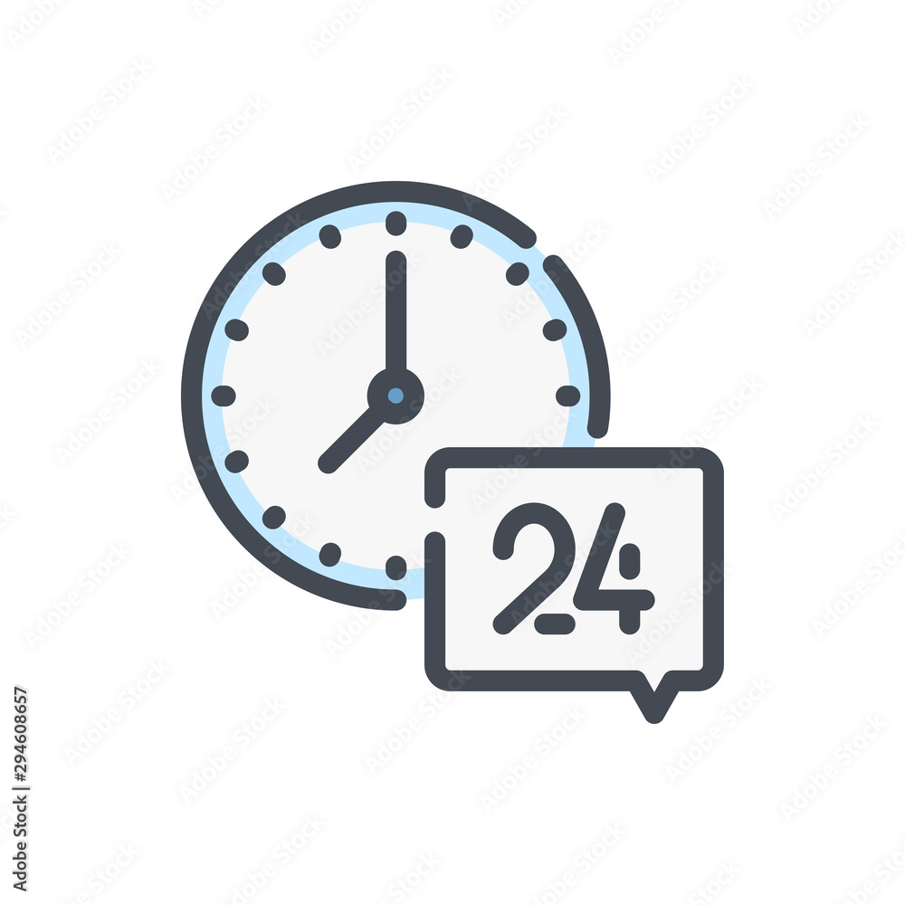 Сall center hours color line icon. Time clock with chat box vector outline colorful sign. Сall center hours color line icon. Time clock with chat box vector outline colorful sign.
