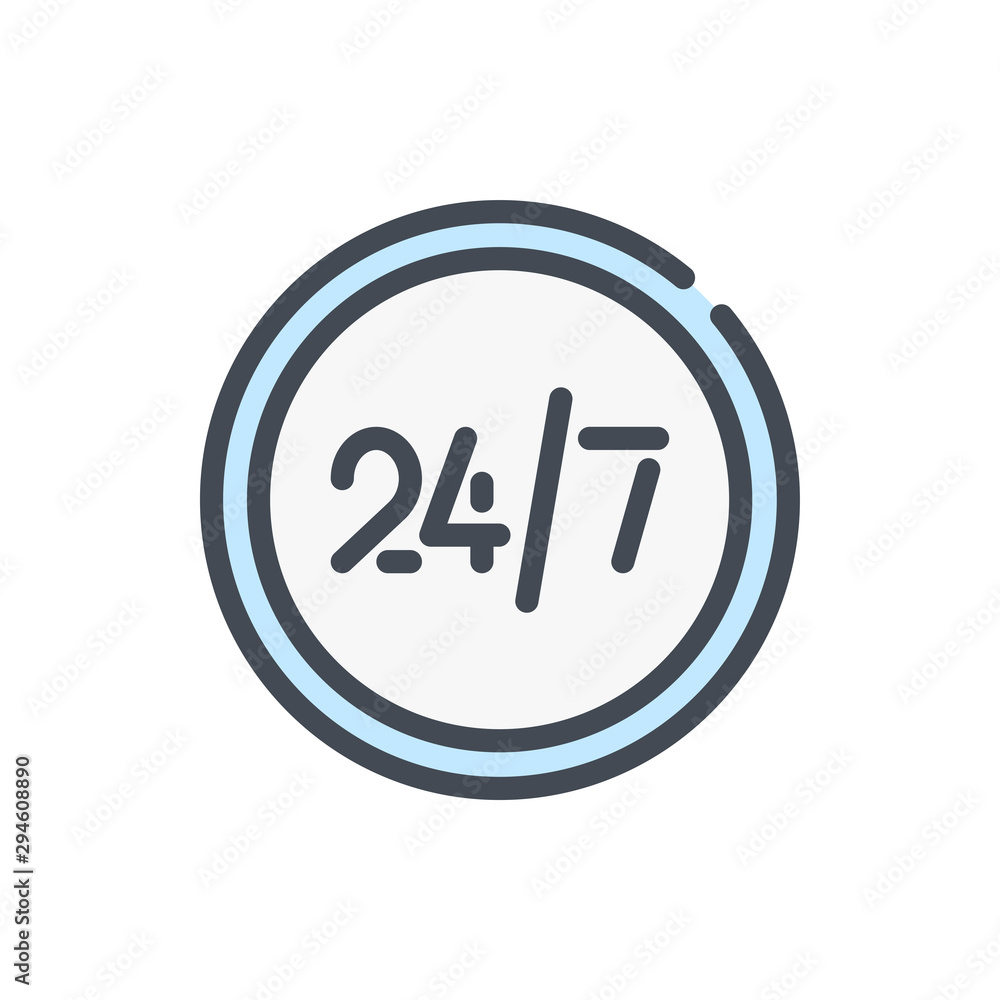 Customer service 24/7 color line icon. Circle button with 24/7 vector outline colorful sign. Customer service 24/7 color line icon. Circle button with 24/7 vector outline colorful sign.