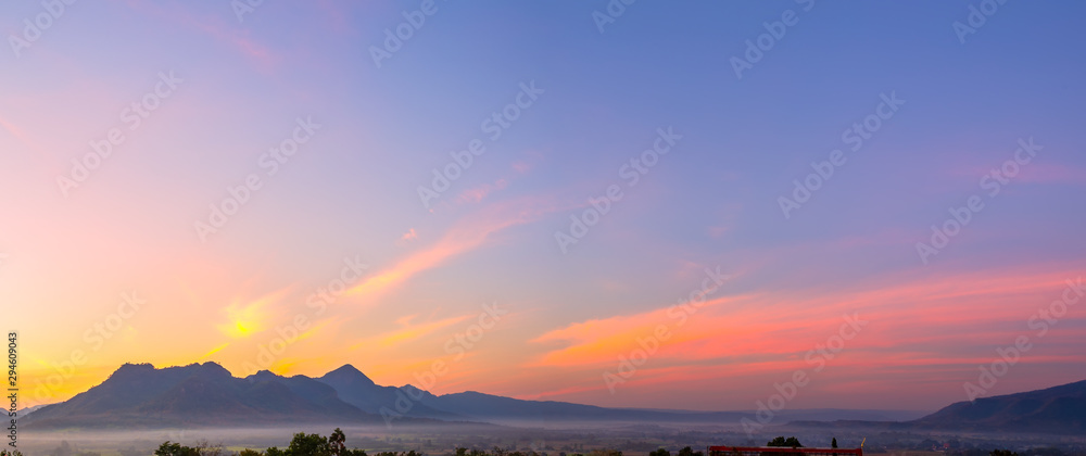 panoramic view of sunrise with clear sky on Mountain,Phu Luang District, Thailand