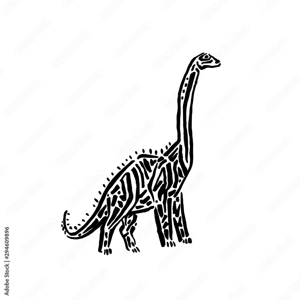 Ancient extinct jurassic brachiosaurus dinosaur vector illustration ink painted, hand drawn grunge prehistoric reptile, black isolated silhouette on white background Ancient extinct jurassic brachiosaurus dinosaur vector illustration ink painted, hand drawn grunge prehistoric reptile, black isolated silhouette on white background