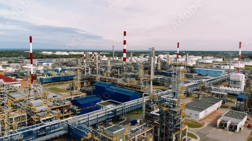 Industrial sector plant unit Oil Refinery of Lotos corp, aerial drone shot