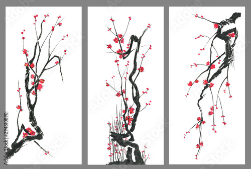 Set of sakura blossom branches. Pink and red stylized flowers of plum mei and  wild cherry . Watercolor and ink illustration of tree in style sumi-e, go-hua,  u-sin. Oriental traditional painting. .