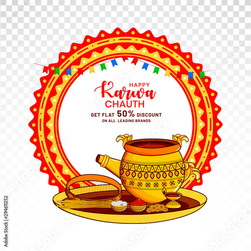 Happy karwa chauth sale banner upto 50% discount. creative illustration with mandala and karwa chauth elements pooja thali on PNG background.