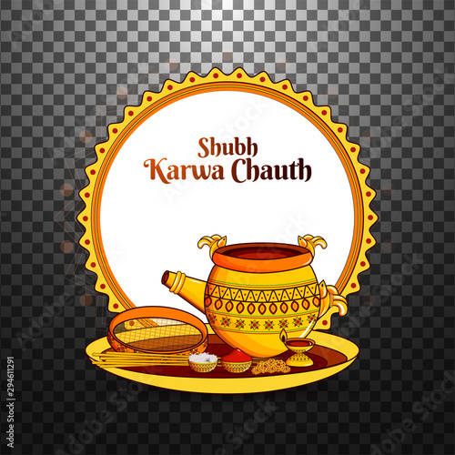 Happy karwa chauth. creative illustration with mandala and karwa chauth elements pooja thali on PNG background.