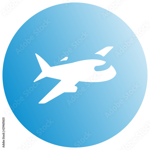 Airplane trendy icon. Plane on a blue circle. Travel background blue aircraft and place for your text. Vector Illustration. travel hanging sticker icon