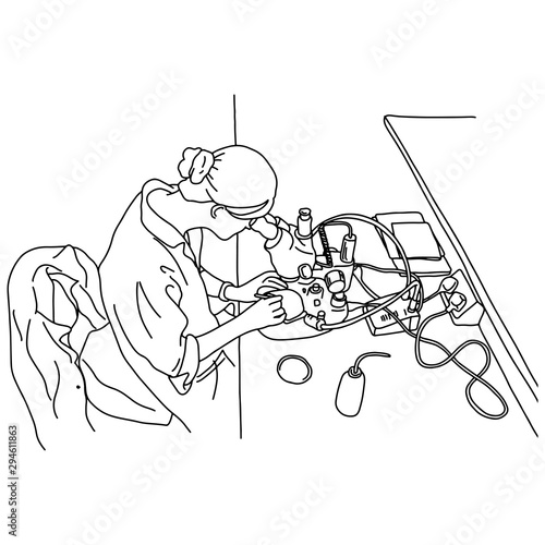 young woman using microscopes in the laboratory vector illustration sketch doodle hand drawn with black lines isolated on white background. Medical concept.