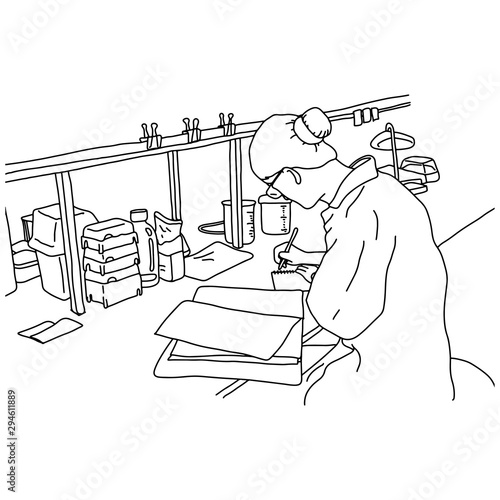 young female scientist working in the laboratory vector illustration sketch doodle hand drawn with black lines isolated on white background. Education concept.