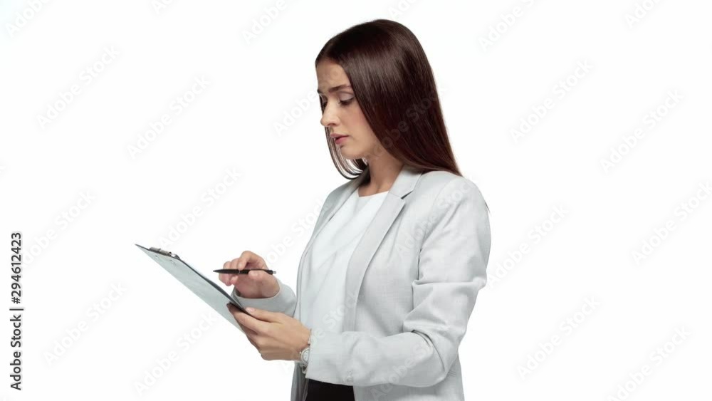 pensive businesswoman signing contract isolated on white pensive businesswoman signing contract isolated on white