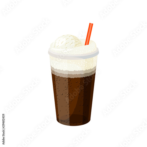 Glass of ice cream cola with straw. Vector illustration cartoon flat icon isolated on white.