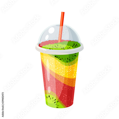 Plastic cup with lid and straw, full of colorful ice fruit fresh mix. Vector illustration cartoon flat icon isolated on white.