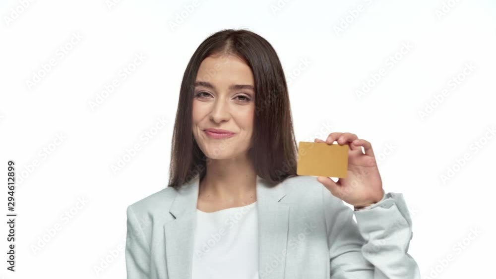 happy businesswoman holding credit card isolated on white happy businesswoman holding credit card isolated on white