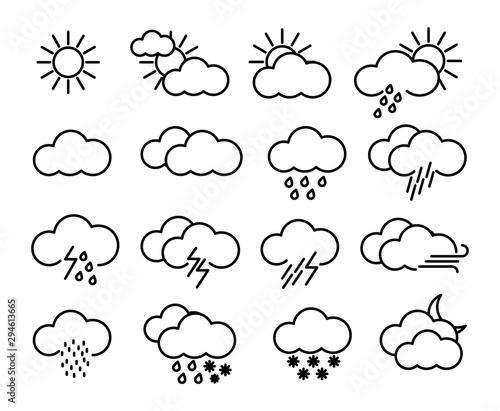 Weather icons set, weather forecast. Climatic symbols. Meteorology Icons
