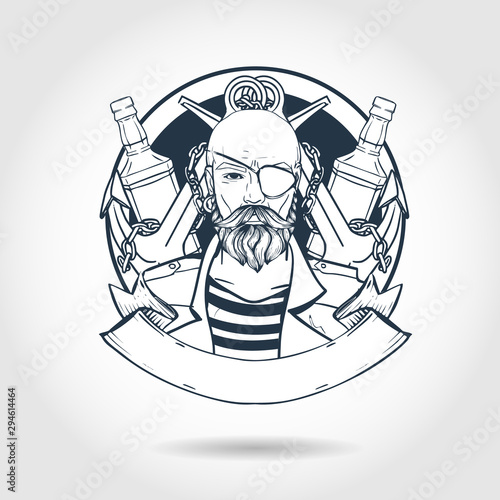 Hand drawn sketch, pirate face with beard, anchor and bottle of rum. Poster, flyer design