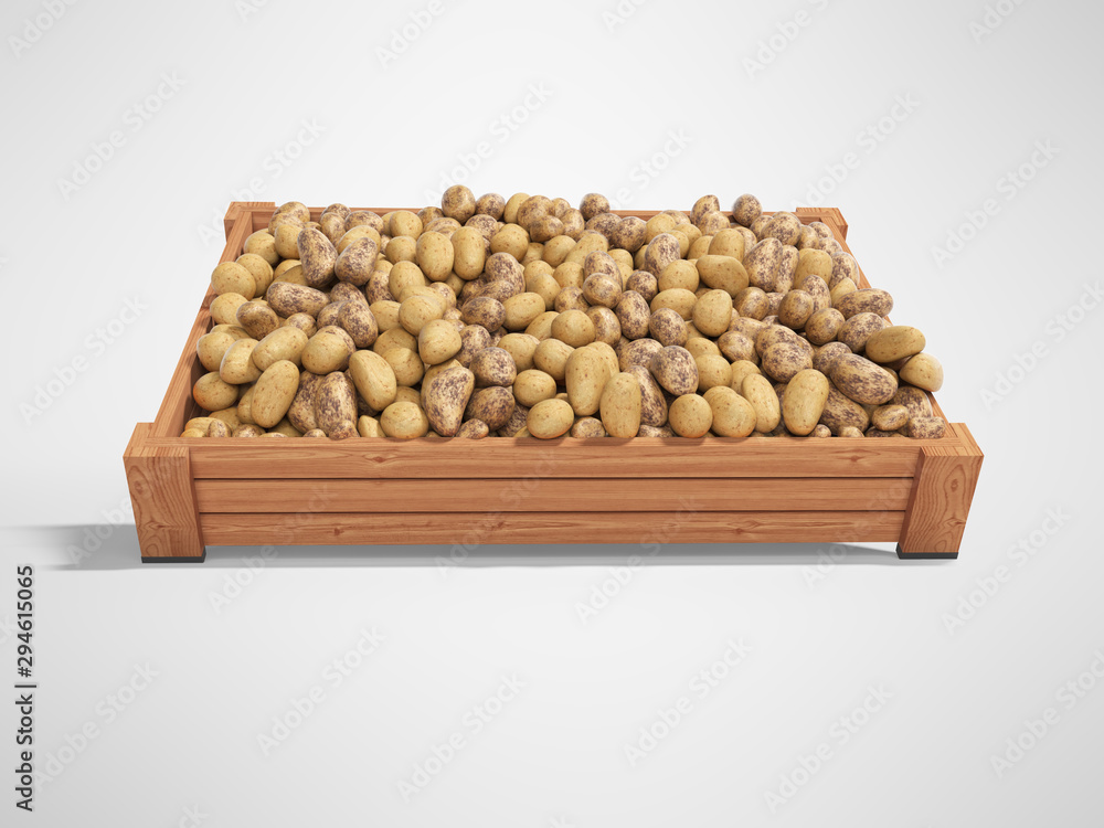 Concept selling ripe varietal potatoes in wooden box rear render on gray background with shadow Concept selling ripe varietal potatoes in wooden box rear render on gray background with shadow