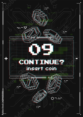 Futuristic poster with retro games elements. Game over screen with virtual reality style. Template for print and web.