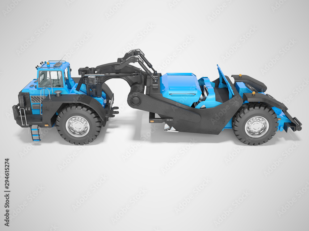 Concept wheeled tractor scraper side view 3d render on gray background with shadow