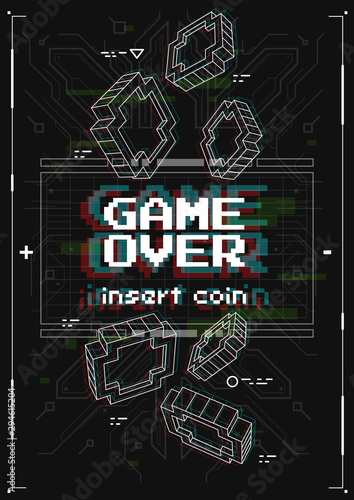 Futuristic poster with retro games elements. Game over screen with virtual reality style. Template for print and web.