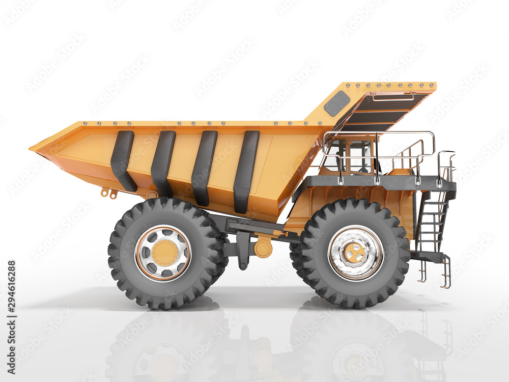Concept orange dump truck 3D rendering on white background with shadow