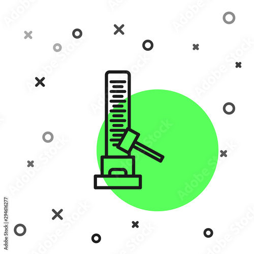 Black line High striker attraction with big hammer icon isolated on white background. Attraction for measuring strength. Amusement park. Vector Illustration