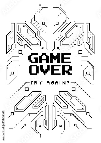 Futuristic poster with retro games elements. Game over screen with virtual reality style. Template for print and web.