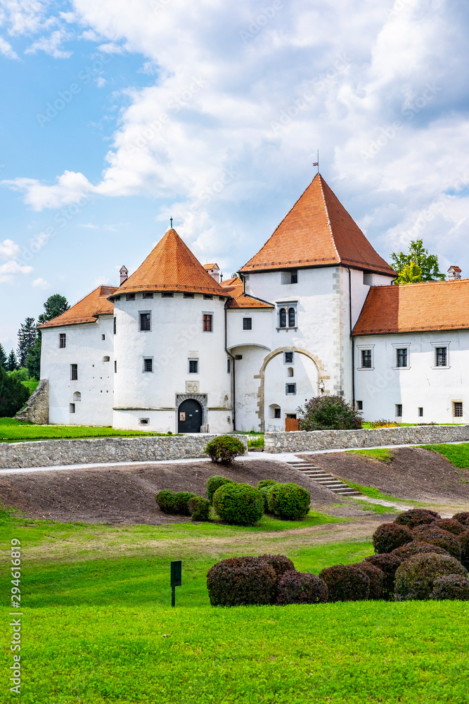 City park and old castle in Varazdin, Croatia, sunny summer day