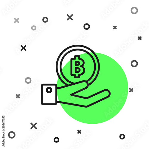 Black line Hand holding Bitcoin icon isolated on white background. Blockchain technology, digital money market, cryptocoin wallet. Vector Illustration