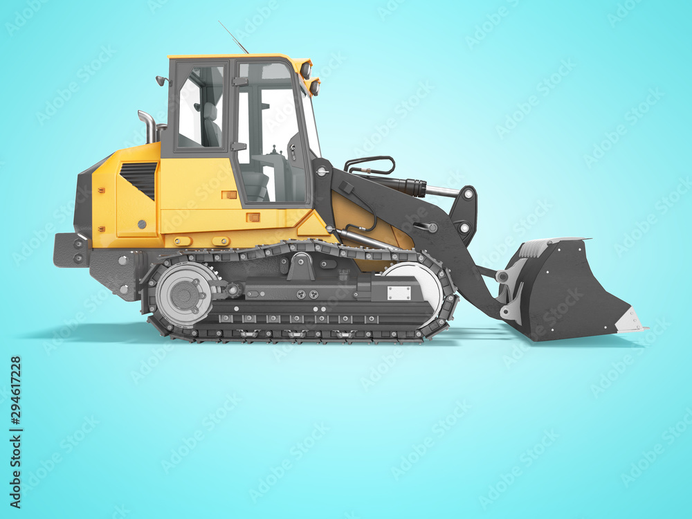 Concept crawler excavator loader 3d render on blue background with shadow