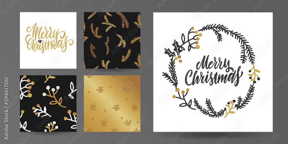 Fototapeta premium Set of Merry Christmas and Happy New Year card template. Hand drawn textures, lettering. Golden metallic, black, white colors. Holiday greetings. Template for Greeting Scrapbooking. Vector