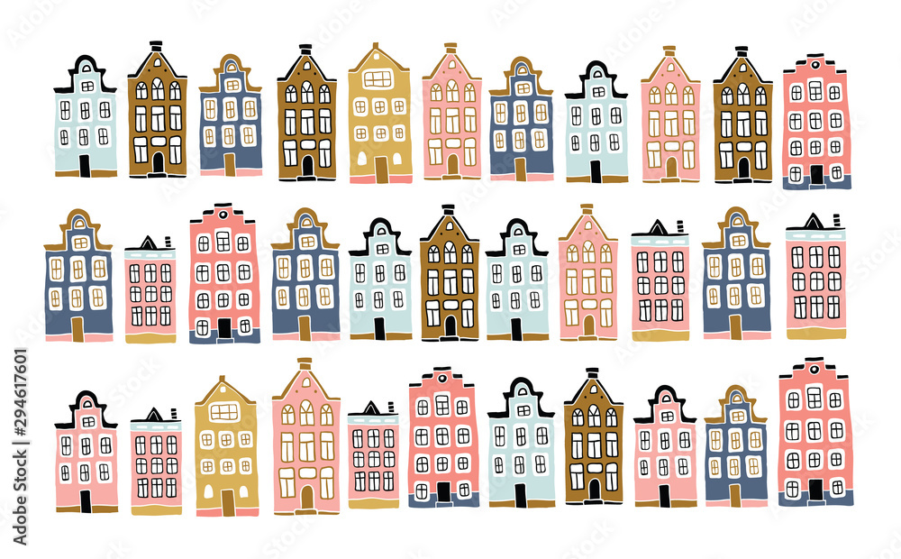 Scandinavian city landscape in hand drawn style