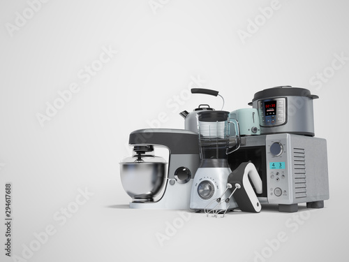 Concept set of household appliances for the kitchen pressure cooker blender mixer electric kettle 3d render on gray background with shadow