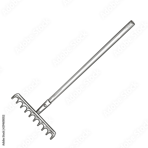 Garden rake icon, sketch style.