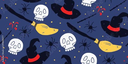 Witch seamless pattern, school of magic doodle